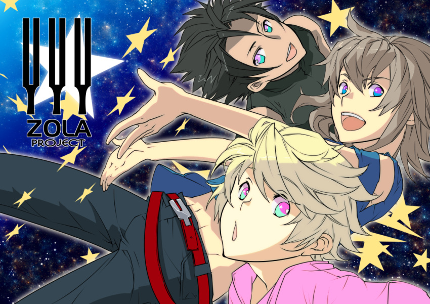 3boys, :d, adonis_belt, bare_shoulders, belt, black_hair, blonde_hair, blue_eyes, brown_hair, copyright_name, denim, jeans, jewelry, kyo_(vocaloid), male_focus, mouri, multiple_boys, navel, open_mouth, outstretched_arms, pants, smile, space, star, star_(sky), vocaloid, wil_(vocaloid), yuu_(vocaloid), zola_project