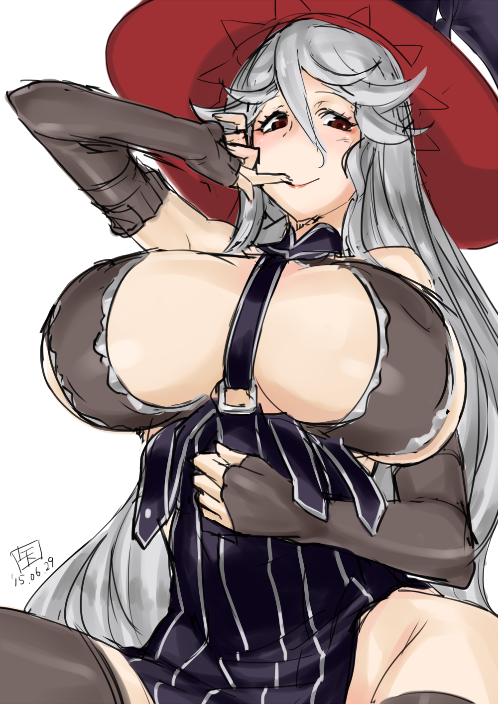 10s, 1girl, 2015, bangs, bare_shoulders, between_breasts, black_dress, black_hat