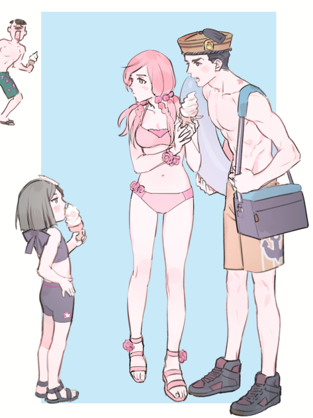 1girl, 3boys, abs, bikini, black_eyes, black_hair, breasts, cleavage