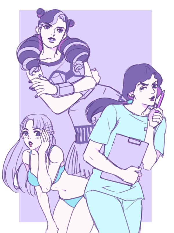 3girls, aqua_bikini, bent_over, bikini, clipboard, double_bun, dress, drill_hair, higashikata_kato, holly_joestar-kira, jojo_no_kimyou_na_bouken, jojolion, josefumi's_mother, lipstick, makeup, multiple_girls, nail_polish, navel, nurse, one_eye_closed, ponytail, puckered_lips, purple_dress, purple_hair, purple_lipstick, purple_nails, reammara, swimsuit, twin_drills, violet_eyes