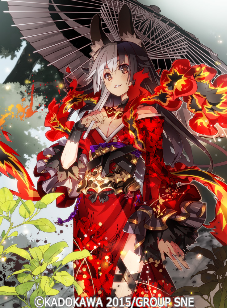 1girl, animal_ears, bare_shoulders, black_hair, blush, breasts, brown_eyes, cleavage, copyright, cowboy_shot, detached_collar, dreadnought_(tcg), grin, holding, holding_umbrella, japanese_clothes, kimono, long_hair, long_sleeves, looking_at_viewer, medium_breasts, multicolored_hair, nyoronyoro, off_shoulder, oriental_umbrella, original, parted_lips, plant, rabbit_ears, side_slit, smile, solo, two-tone_hair, umbrella, watermark, white_hair, wide_sleeves