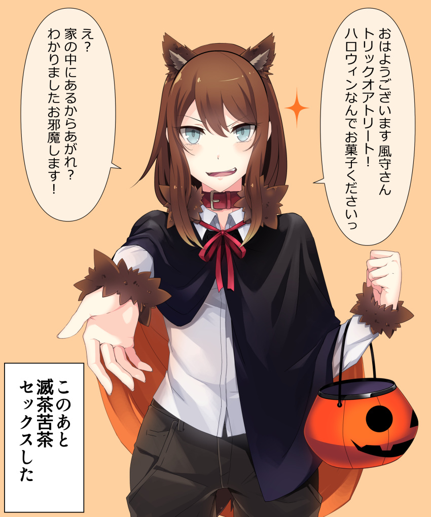 1girl, :d, absurdres, animal_ears, basket, blue_eyes, brown_hair, cape