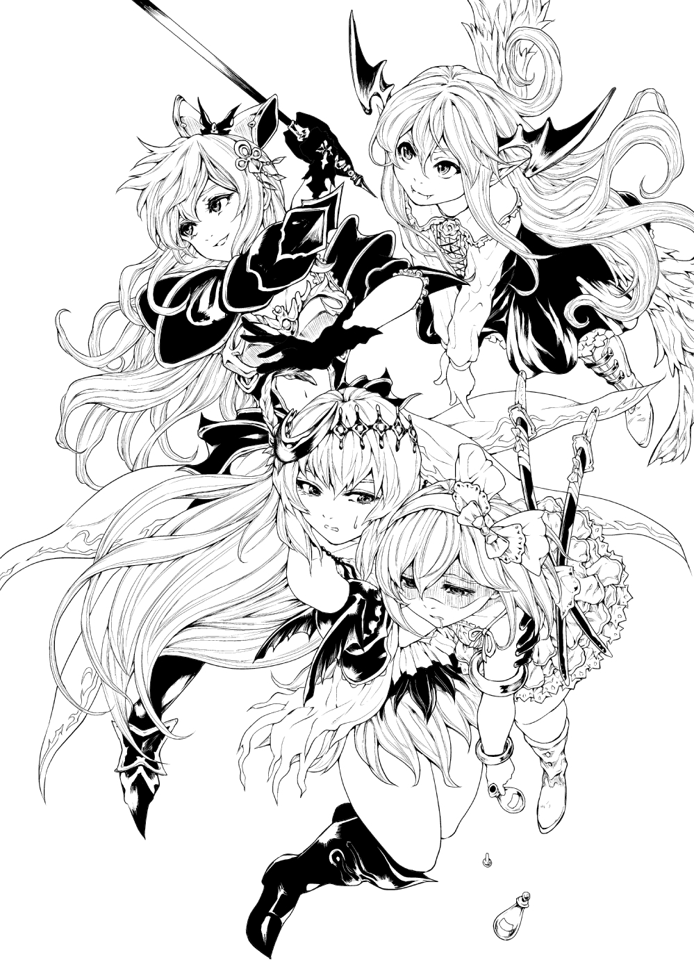 4girls, armlet, armor, bangs, bare_shoulders, bikini_armor, boots, bottle