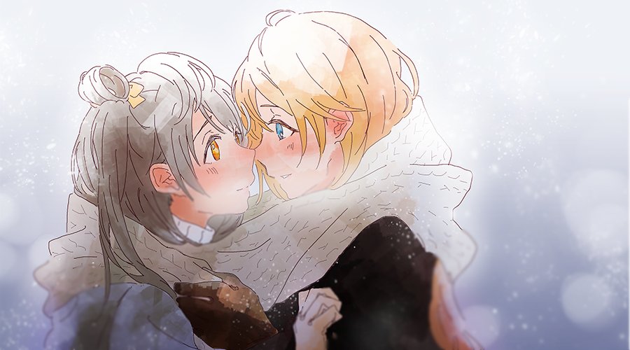 2girls, ayase_eli, blonde_hair, blue_eyes, blush, brown_hair, eye_contact, face-to-face, gloves, looking_at_another, love_live!, minami_kotori, multiple_girls, scarf, shared_scarf, shin9tani, smile, yuri