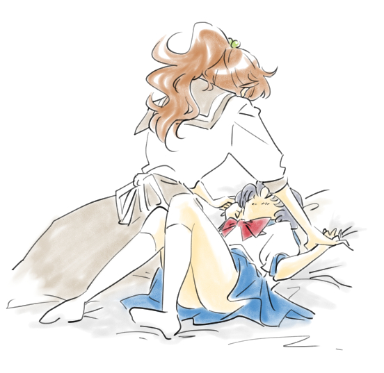 2girls, bishoujo_senshi_sailor_moon, blue_skirt, brown_hair, hand_holding, kino_makoto, kneehighs, kobeya_(tonari_no_kobeya)