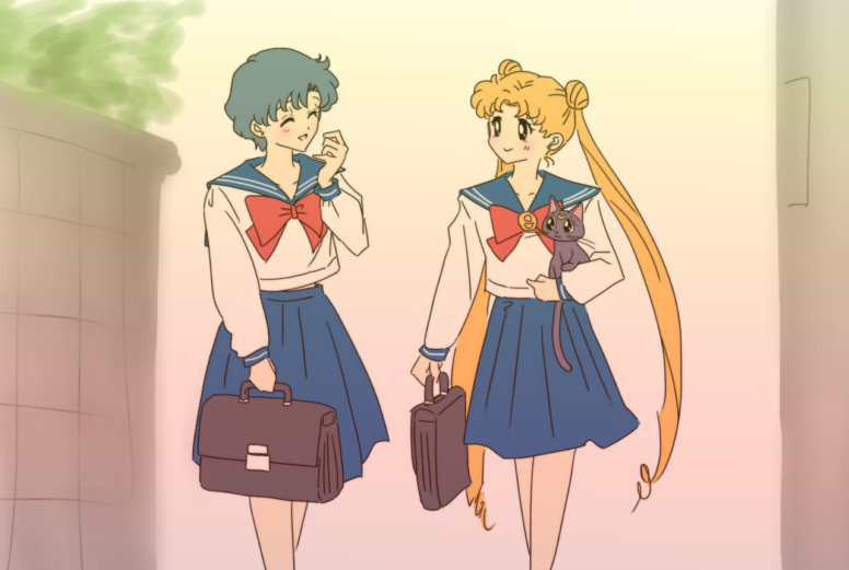 2girls, bag, bishoujo_senshi_sailor_moon, blue_skirt, bow, closed_eyes, friends, kobeya_(tonari_no_kobeya)