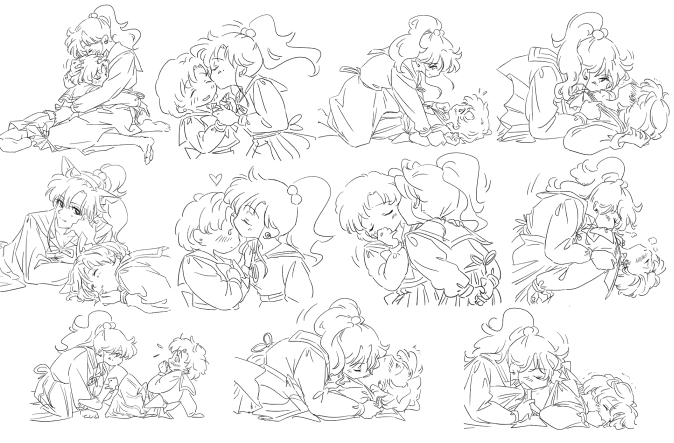 2girls, animal_ears, arms_behind_back, bishoujo_senshi_sailor_moon, blush, cat_ears, character_sheet, chibi, closed_eyes, couple, embarrassed, female, hug, kino_makoto, kiss, kobeya_(tonari_no_kobeya), lineart, lying, mizuno_ami, monochrome, multiple_girls, no_nose, ponytail, school_uniform, serafuku, sitting, skirt, uniform, white_background, yuri