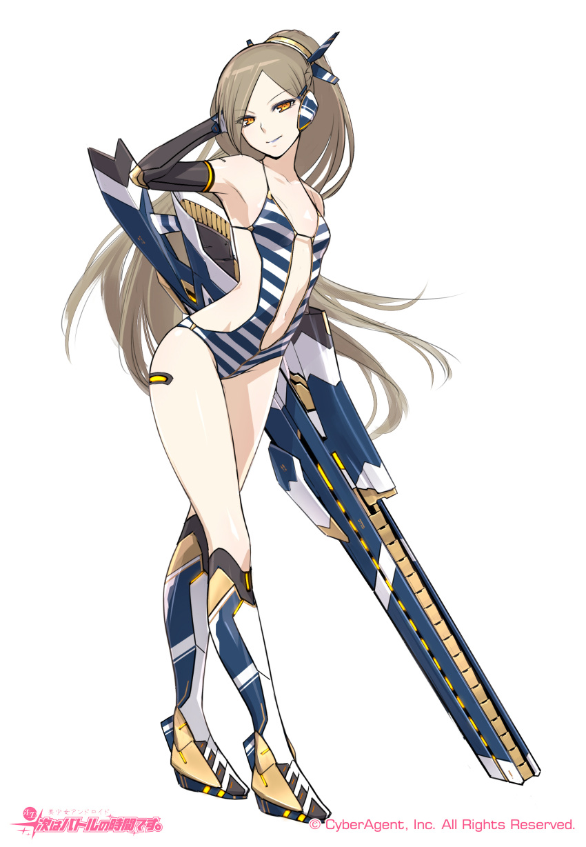 1girl, absurdres, breasts, brown_hair, casual_one-piece_swimsuit, elbow_gloves, full_body, gloves