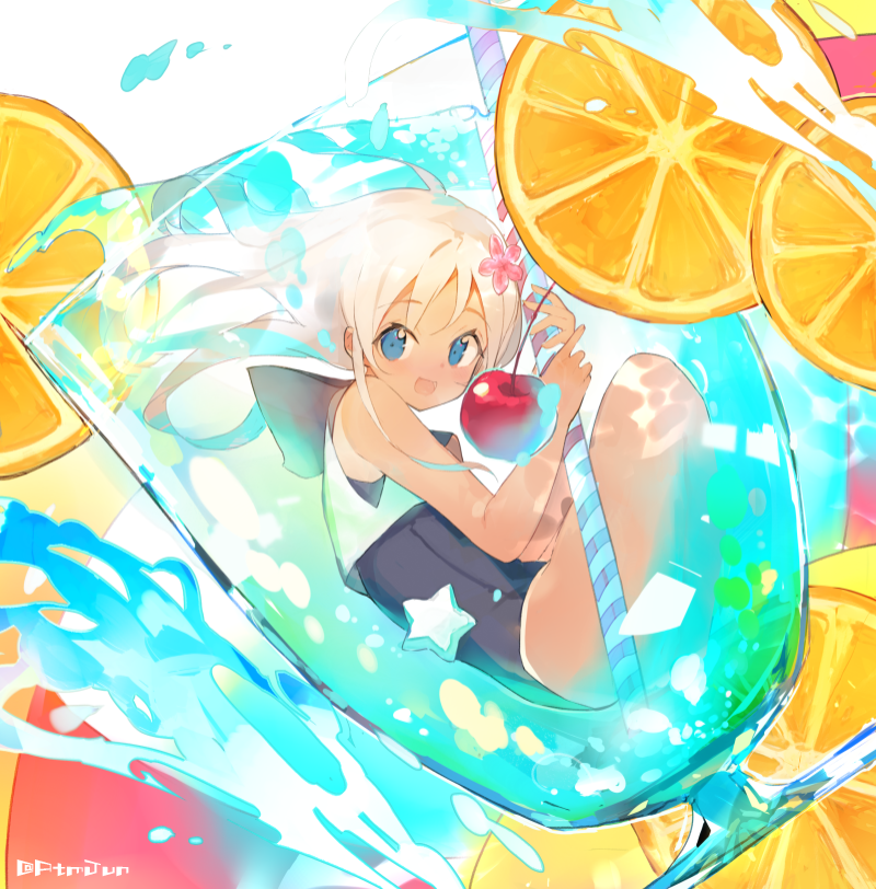 1girl, atsumi_jun, blonde_hair, blue_eyes, cherry, crop_top, drink, flower
