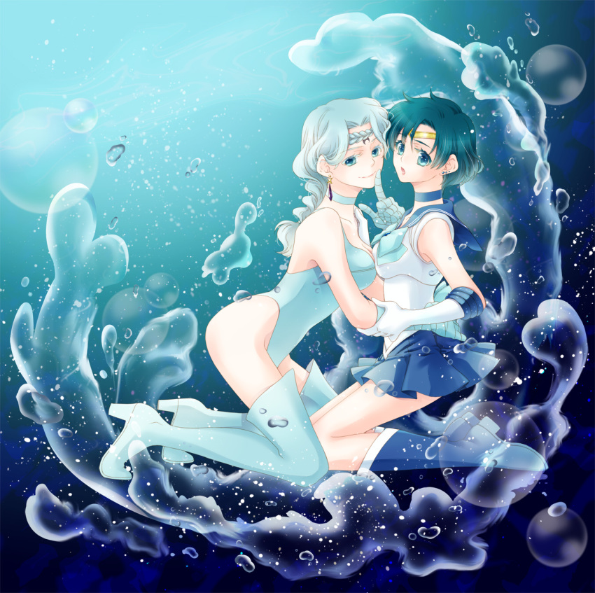 2girls, arm_grab, beruche_(sailor_moon), bishoujo_senshi_sailor_moon, blue_background, blue_boots, blue_hair, blue_leotard