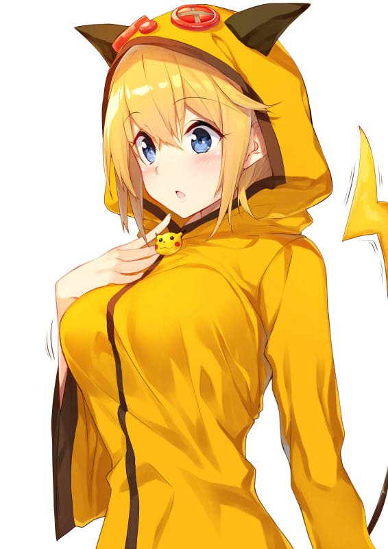 1girl, blonde_hair, blue_eyes, blush, breast_suppress, breasts, cosplay, eyebrows