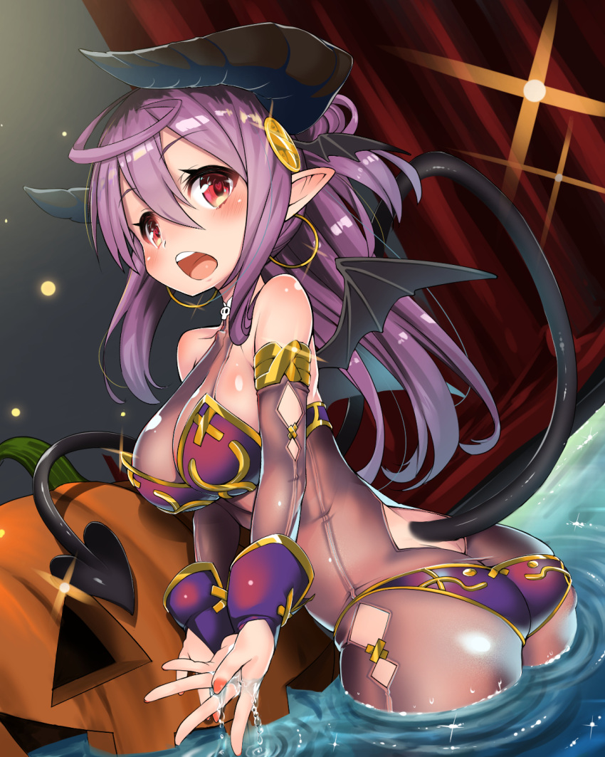 1girl, ahoge, ass, bare_shoulders, bat_wings, bikini, blush, bodysuit
