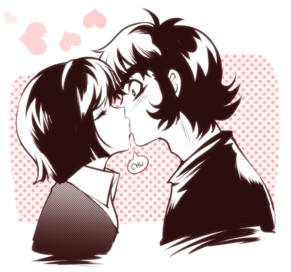1boy, 1girl, black_eyes, black_hair, blazer, blush, brown_hair, closed_eyes