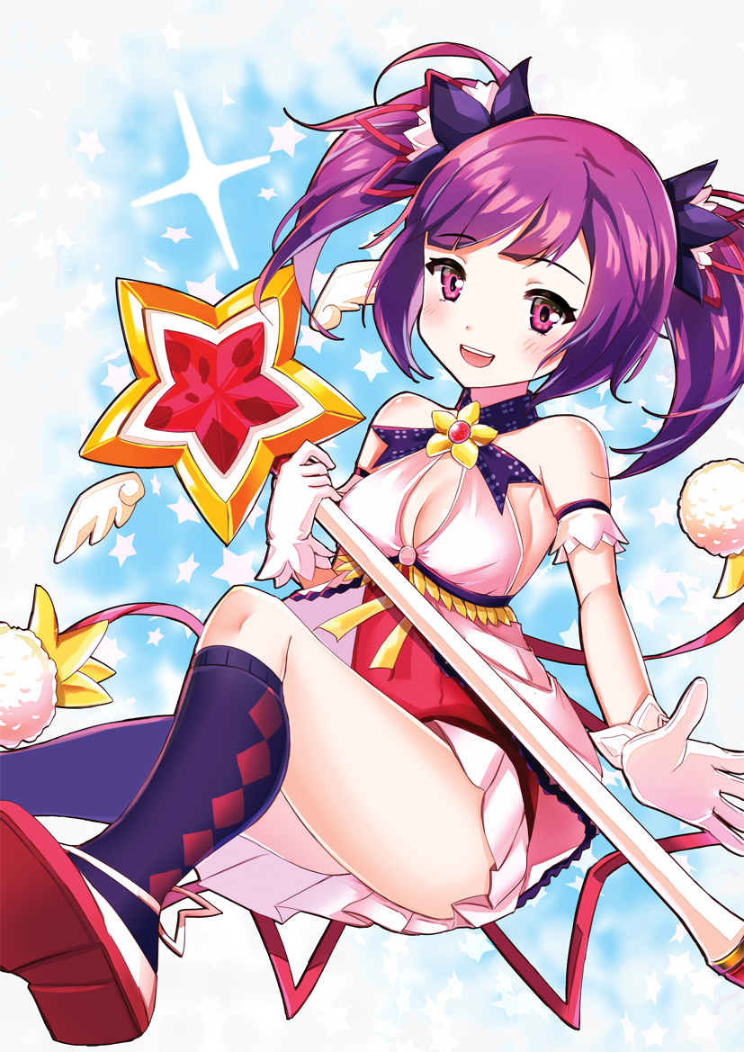 1girl, aisha_(elsword), argyle, argyle_legwear, battle_magician_(elsword), blue_background, brooch, curry_korokke