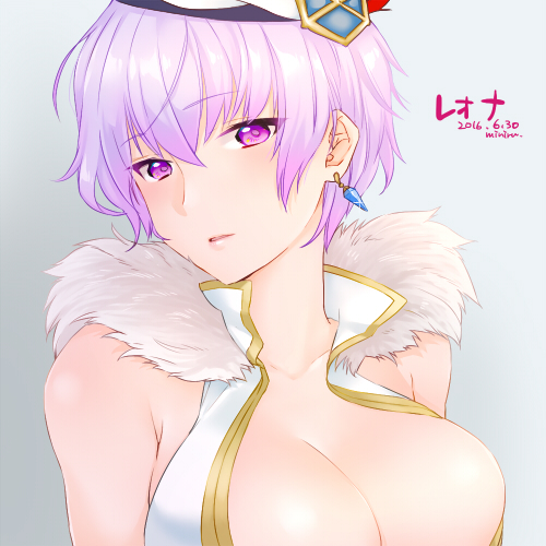 1girl, artist_name, beret, breasts, character_name, dated, earrings, fur_collar, hat, jewelry, large_breasts, leona_(sennen_sensou_aigis), lowres, miniru, parted_lips, purple_hair, sennen_sensou_aigis, short_hair, solo, upper_body, very_short_hair, violet_eyes