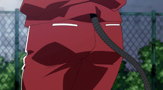 >_<, 1boy, 1girl, android, animated, animated_gif, ass, beard, bent_over, black_eyes, black_hair, breasts, dimension_w, facial_hair, frown, green_eyes, green_hair, hands_in_pockets, jacket, japanese_clothes, kicking, looking_back, mabuchi_kyoma, ponytail, robot_ears, short_hair, sideburns, streaked_hair, tail, track_suit, two-tone_hair, yurizaki_mira