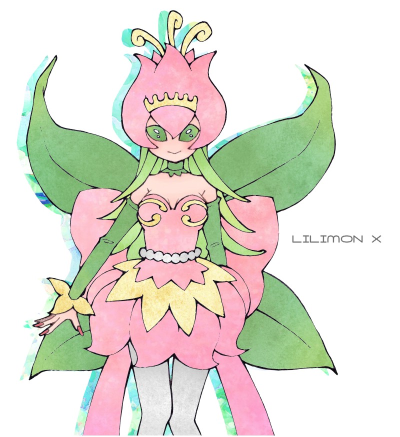1girl, bandai, breasts, digimon, dress, fairy, fairy_wings, female, lillymon, lillymon_x, looking_at_viewer, nail_polish, smile, solo, wings