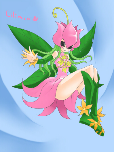 1girl, bandai, bare_legs, boots, breasts, digimon, fairy, fairy_wings, female, flower, legs, lillymon, looking_at_viewer, solo, wings, ygm
