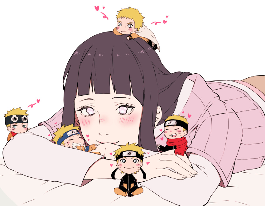 1girl, blonde_hair, blush, cape, chibi, forehead_protector, goggles, heart, hime_cut, hyuuga_hinata, lavender_eyes, looking_at_viewer, lying, multiple_persona, naruto, on_stomach, purple_hair, smile, spiky_hair, toco_(love-hmhm-tocotoco), uzumaki_naruto, whiskers