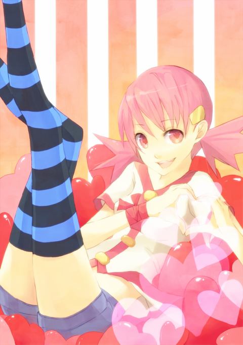 akane_(pokemon), gym_leader, heart, legs, pink_hair, pokemon, smile, stripped_socks