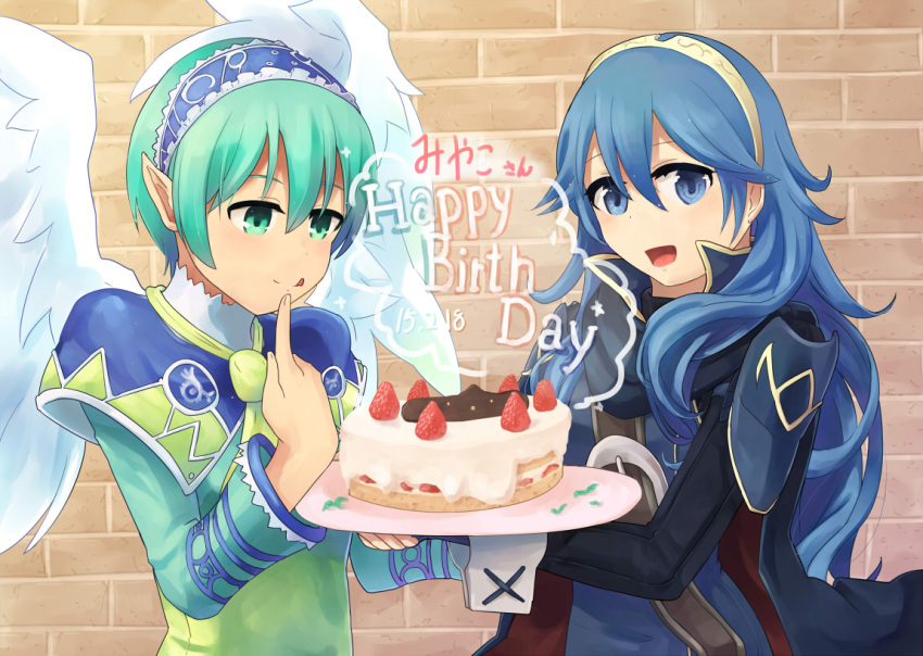 2girls, aqua_eyes, aqua_hair, armor, belt, blue_eyes, blue_hair, cake