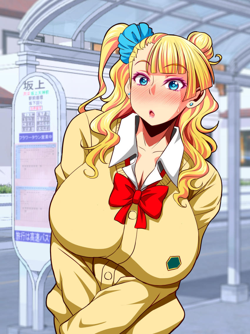 1girl, :o, asymmetrical_hair, bangs, blazer, blonde_hair, blue_eyes, blunt_bangs
