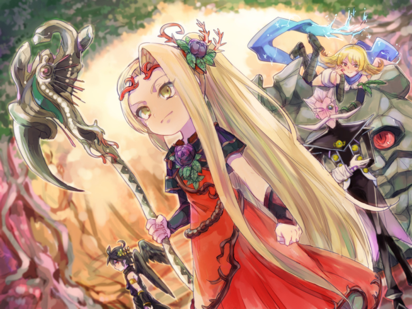 2girls, 3boys, arlon_the_serene, aron_(kid_icarus), black_hair, blonde_hair, bridal_gauntlets, dark_pit, dress, electricity, eleka, facial_hair, flower, forces_of_nature, forest, gloves, goddess, green_eyes, hair_flower, hair_ornament, holding_staff, kid_icarus, kid_icarus_uprising, laurel_crown, long_hair, monocle, multiple_boys, multiple_girls, mustache, nachure, nature, nintendo, open_toe_shoes, plant, red_dress, red_eyes, rock, rokka_(kid_icarus), sandals, scarf, shoes, silver_hair, smile, staff, tiara, very_long_hair, vines, violet_eyes, wings, yellow_eyes, yutapo