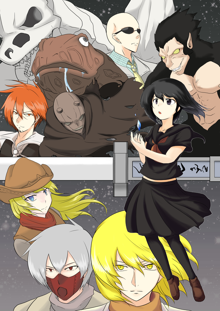 2girls, 3boys, akame_ga_kill!, bald, black_eyes, black_hair, blonde_hair, blue_eyes, cape, dinosaur, doya, frog, gorilla, kurome_(akame_ga_kill!), multiple_boys, multiple_girls, natala, red_eyes, run_(akame_ga_kill!), scarf, skeleton, skirt, smile, spoilers, sunglasses, white_hair, yellow_eyes