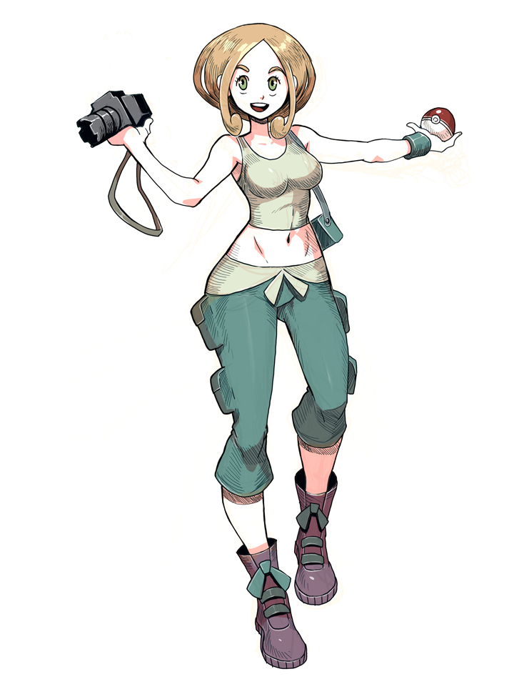 10s, 1girl, brown_hair, camera, full_body, genzoman, gym_leader, looking_at_viewer