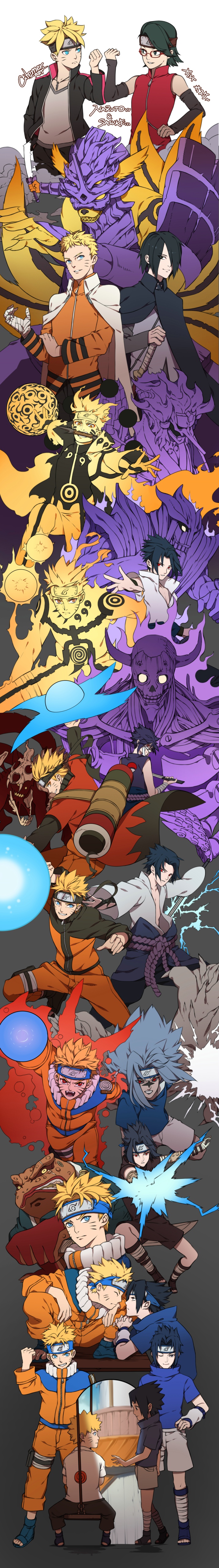 1girl, 3boys, age_progression, aura, black_hair, blonde_hair, citemer, kurama_(naruto)