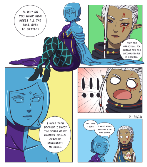 2girls, blue_eyes, blue_hair, blue_skin, cape, comic, fi, high_heels