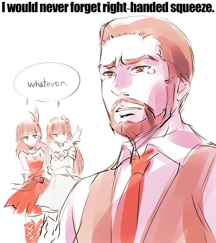 1boy, 2girls, beard, iesupa, junior_xiong, melanie_malachite, miltiades_malachite, multiple_girls, pixiv_manga_sample, rwby, siblings, simple_background, sisters, tears, twins