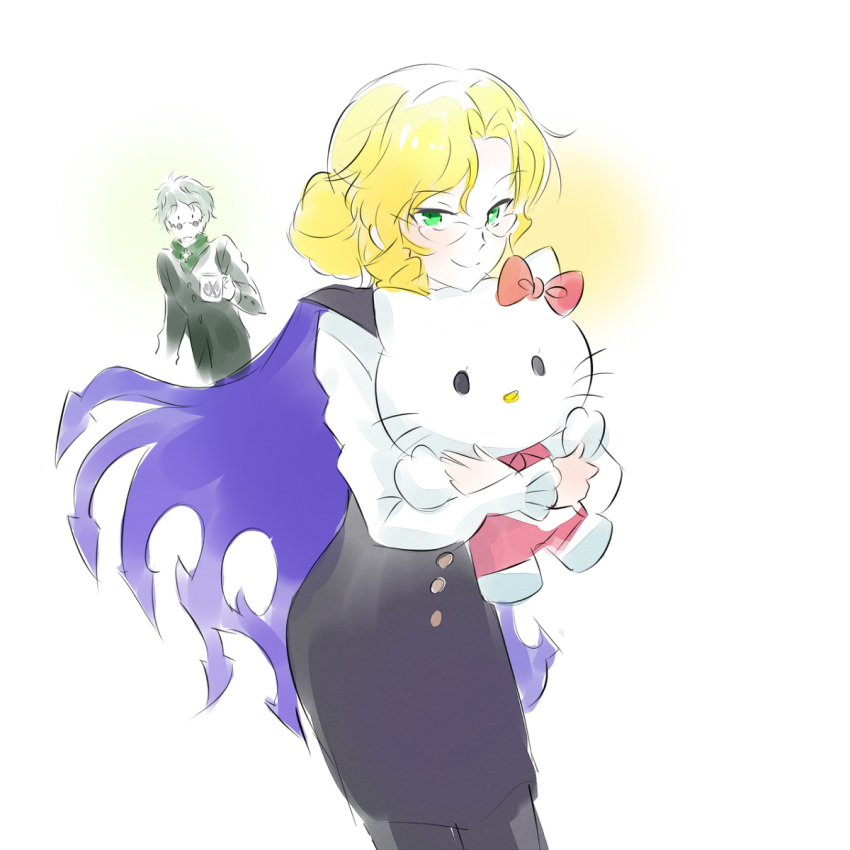 1boy, 1girl, blonde_hair, doll, glasses, glynda_goodwitch, hello_kitty, hug