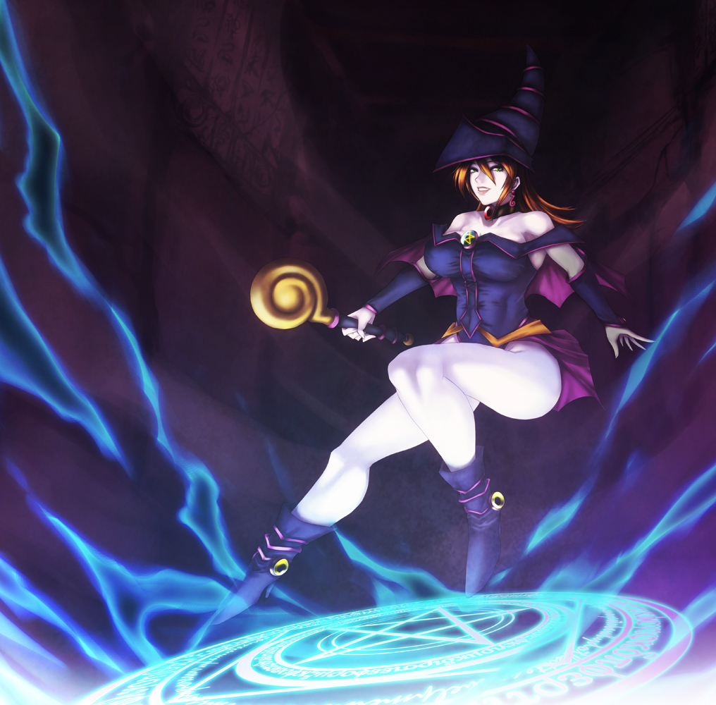 1girl, bare_legs, bare_shoulders, blonde_hair, boots, breasts, dark_magician_girl, duel_monster