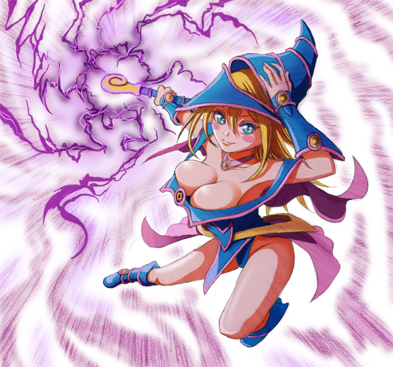 1girl, bare_legs, bare_shoulders, blonde_hair, boots, breasts, dark_magician_girl, duel_monster