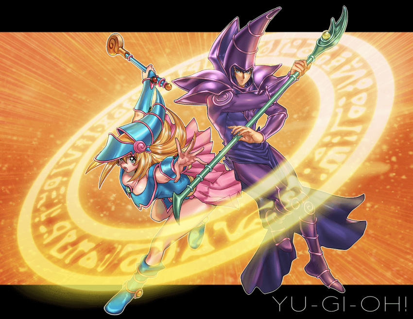1boy, 1girl, bare_legs, bare_shoulders, blonde_hair, boots, breasts, dark_magician