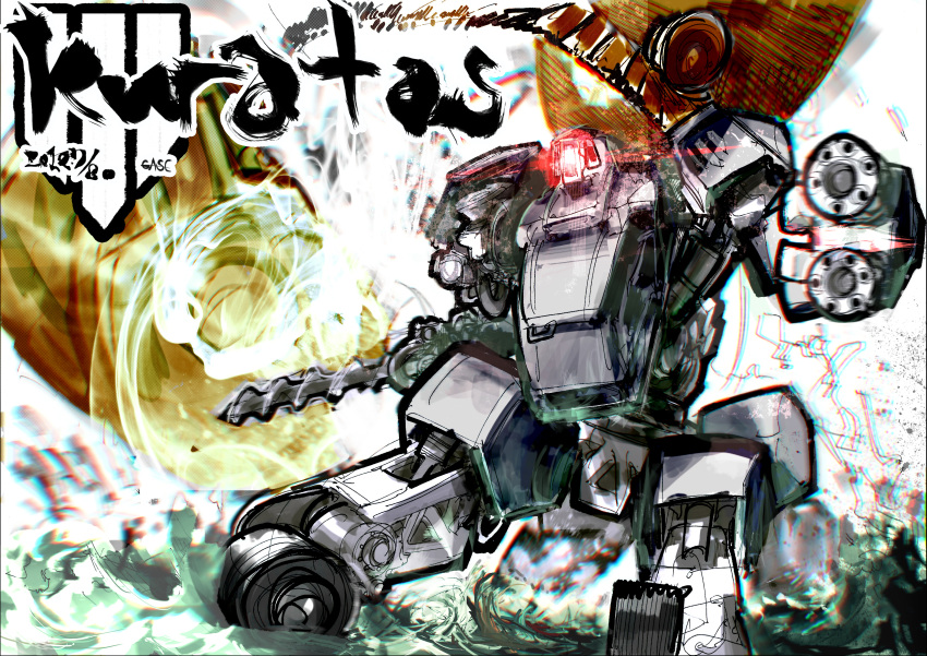 absurdres, character_name, drill, gase, gatling_gun, glowing, glowing_eyes, gun, highres, kuratas, mecha, no_humans, real_life, red_eyes, solo, weapon