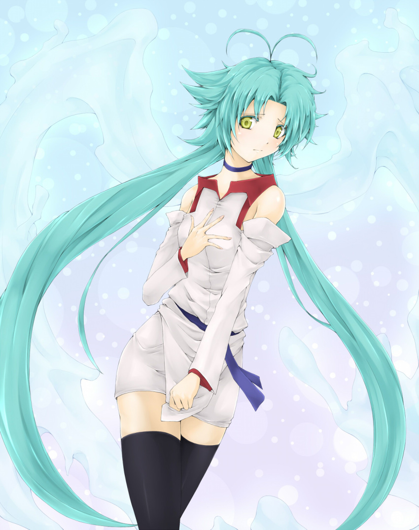 1girl, bare_shoulders, black_legwear, blue_hair, choker, detached_sleeves, duel_monster, effect_veiler