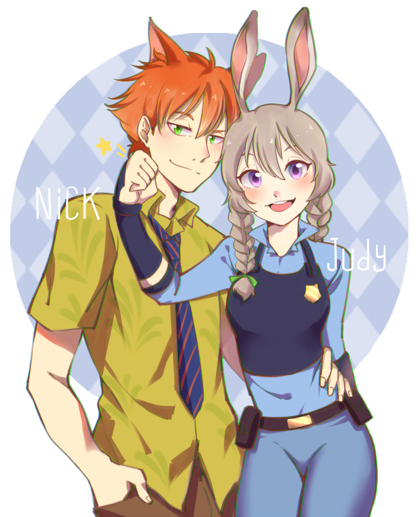 1boy, 1girl, animal_ears, arm_around_waist, blue_eyes, disney, fox_ears, green_eyes
