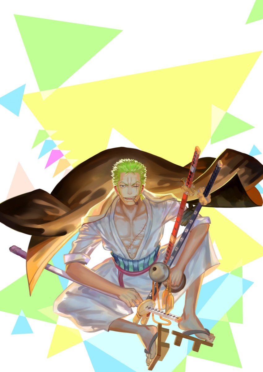 1boy, bottle, earrings, full_body, geta, green_hair, haramaki, jacket_on_shoulders