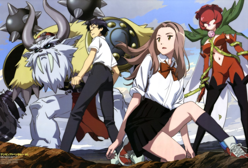 2boys, 2girls, absurdres, bandai, breasts, cape, creature, digimon, digimon_adventure, digimon_adventure_tri., fangs, female, glasses, highres, horns, kido_jou, legs, long_hair, monster, multiple_boys, multiple_girls, rosemon, school_uniform, serious, shield, shoes, short_hair, skirt, sky, tachikawa_mimi, vikemon, wallpaper, weapon