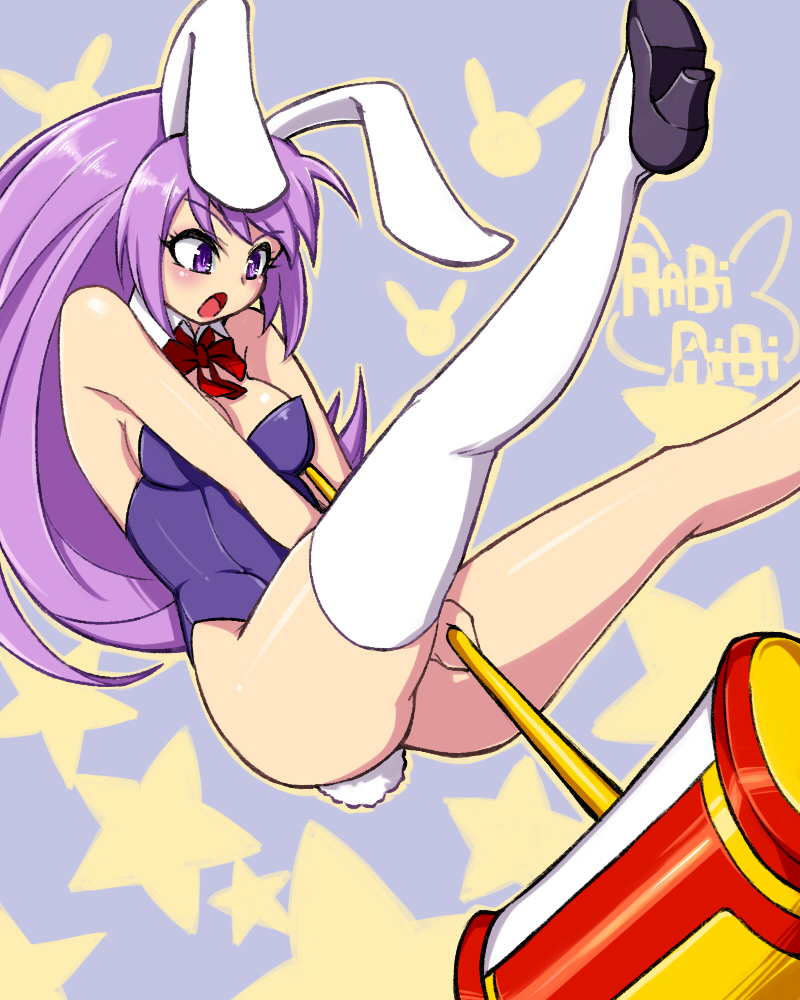 1girl, animal_ears, breasts, bunny_tail, bunnysuit, cleavage, detached_collar, erina_(rabi-ribi), hammer, purple_hair, rabbit_ears, rabi-ribi, simple_background, solo, tail, violet_eyes