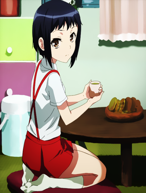 1girl, black_hair, brown_eyes, cup, feet, hanako-san, kneeling, no_shoes