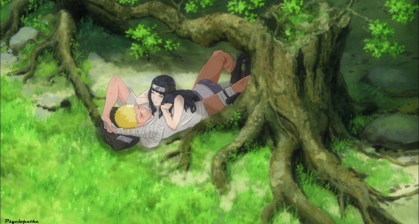 1boy, 1girl, ass, bandaged_arm, blush, couple, forehead_protector, grass