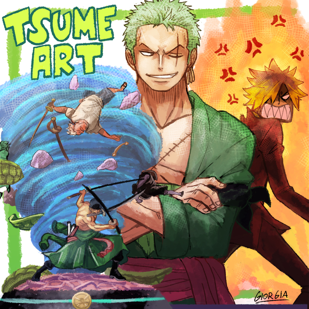 2boys, angry, blonde_hair, green_hair, hair_over_one_eye, male_focus, multiple_boys, multiple_swords