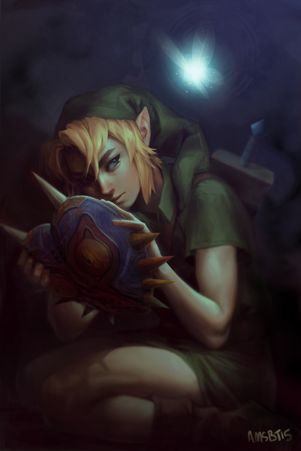 1boy, blonde_hair, blue_eyes, fairy, hat, link, male_focus, mask