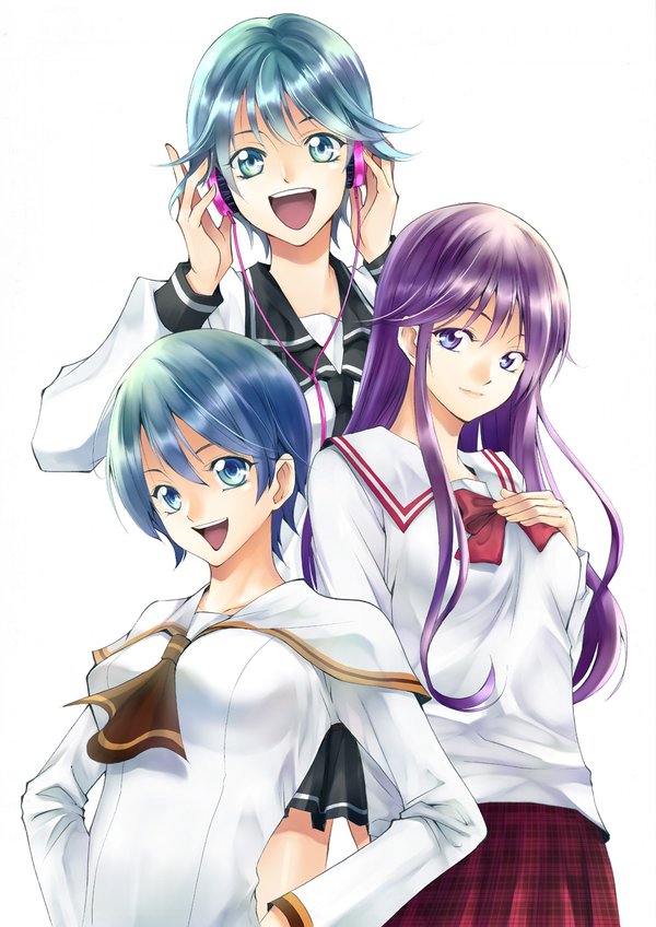 3girls, akitsuki_fuuka, aqua_eyes, aqua_hair, arms_up, asahina_suzuka, blush, eba_yuzuki
