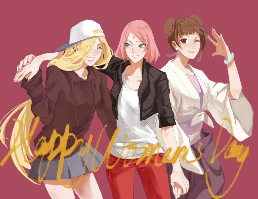 3girls, aqua_eyes, baseball_cap, blonde_hair, bracelet, brown_hair, casual, cropped_jacket, double_bun, earrings, eyeliner, facial_mark, forehead_mark, green_nails, grey_skirt, hair_bun, hand_holding, haruno_sakura, meng1132, multiple_girls, nail_polish, naruto, naruto:_the_last, pants, pink_hair, purple_shirt, red_nails, red_pants, shirt, skirt, tenten, trio, white_shirt, wink, yamanaka_ino