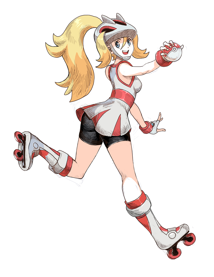 10s, 1girl, bike_shorts, blonde_hair, blue_eyes, genzoman, gym_leader, helmet, koruni_(pokemon), poke_ball, pokemon, pokemon_(game), pokemon_xy, ponytail, rollerskates, solo