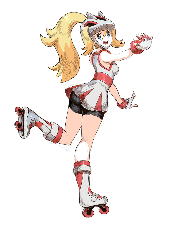 10s, 1girl, bike_shorts, blonde_hair, blue_eyes, genzoman, gym_leader, helmet